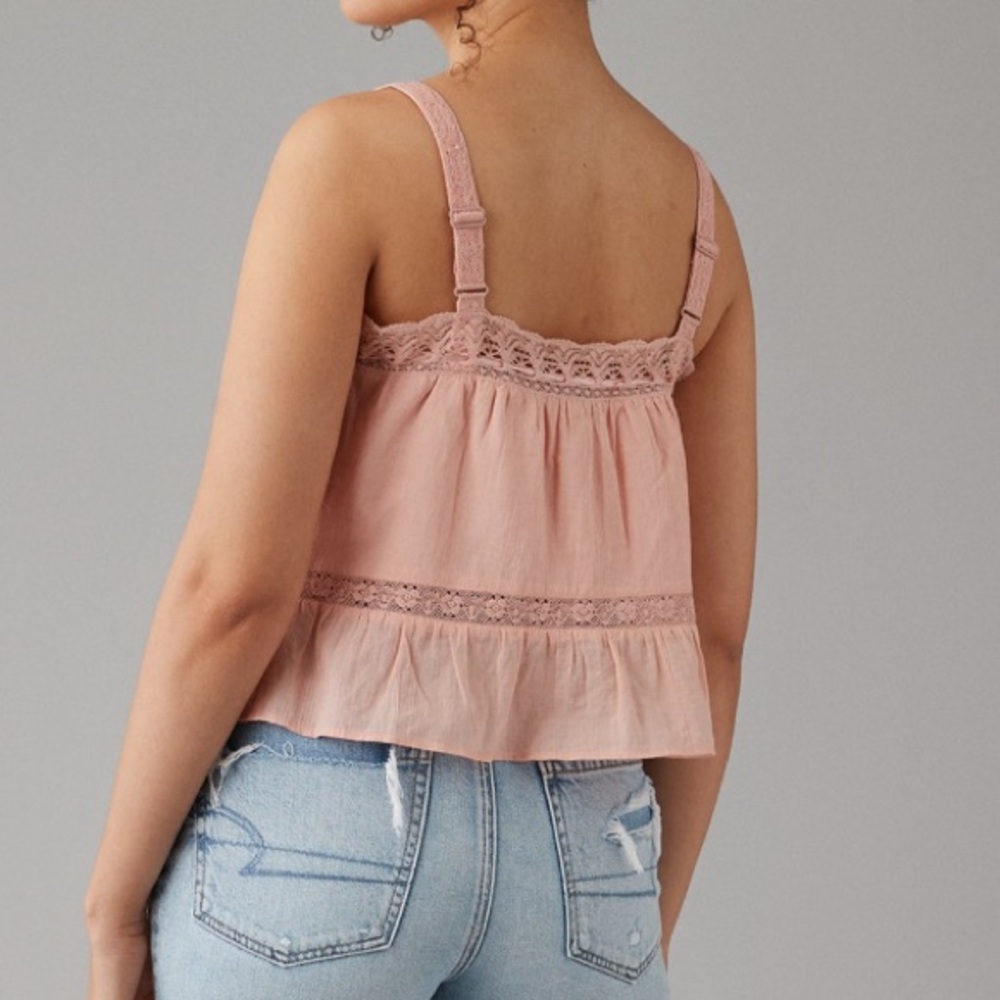 American Eagle Lace Pintuck Button Front Boho Tank Top Small Cami Crop Pink - Picture 12 of 12